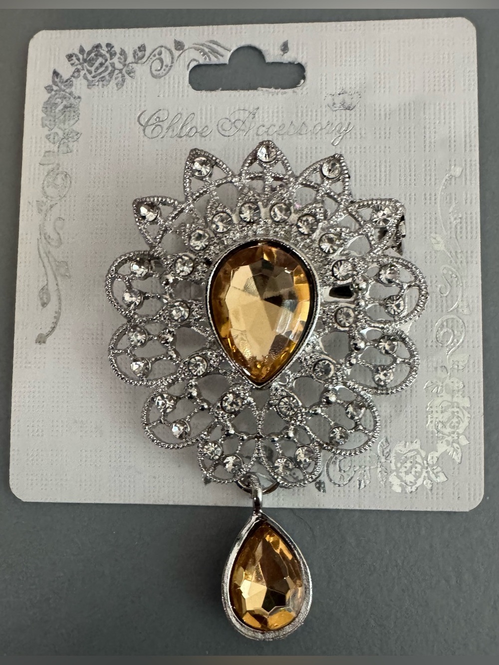 Gold Teardrop Crystal Brooch Pendant